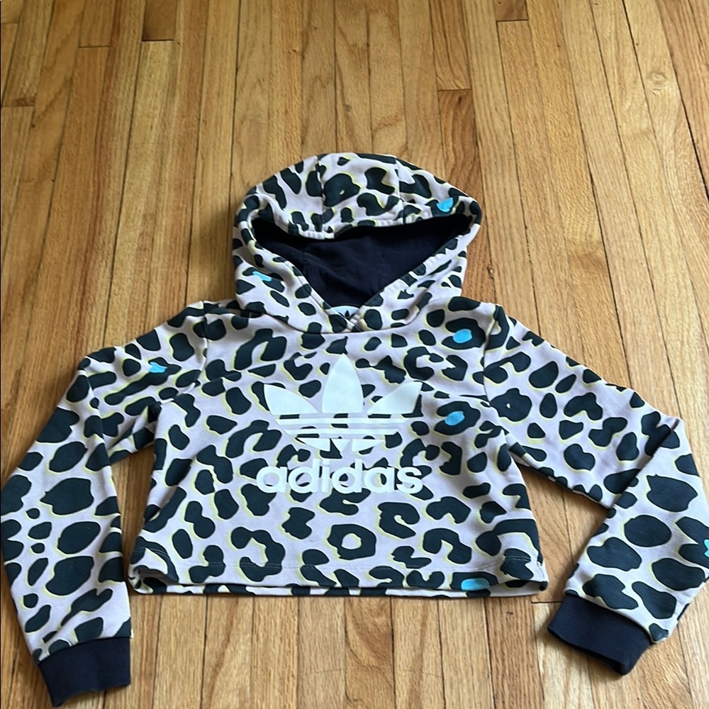 Adidas Black and Pink Cropped Hoodie Sweatshirt